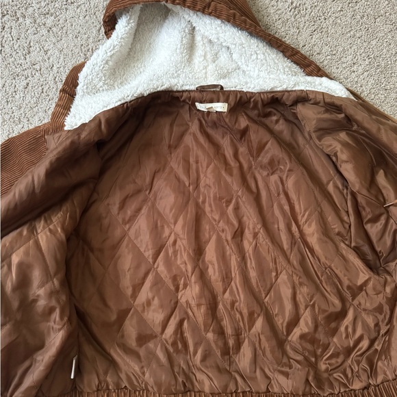 BROWN CORDUROY SHERPA HOOD CROPPED JACKET - Picture 11 of 11